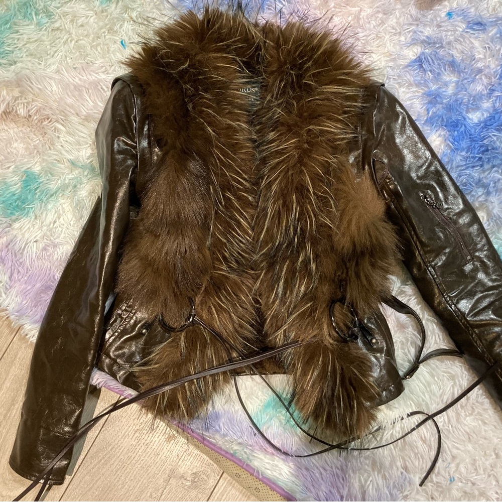 Floirds Market-Dark Brown Leather Jacket with Fur Trim /Size S SOLD OUT